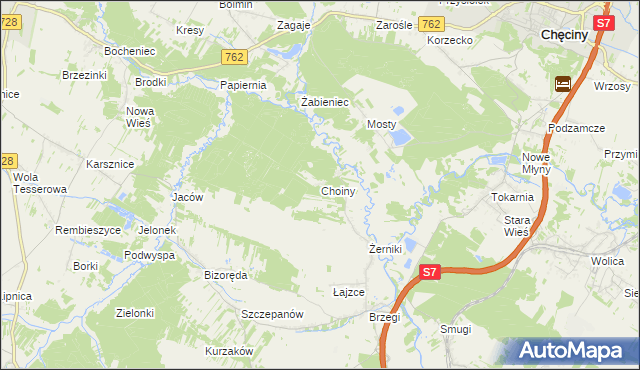 mapa Choiny gmina Sobków, Choiny gmina Sobków na mapie Targeo