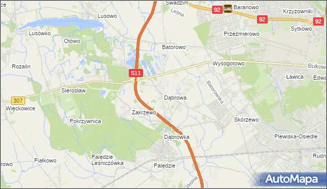mapa Dąbrowa gmina Dopiewo, Dąbrowa gmina Dopiewo na mapie Targeo