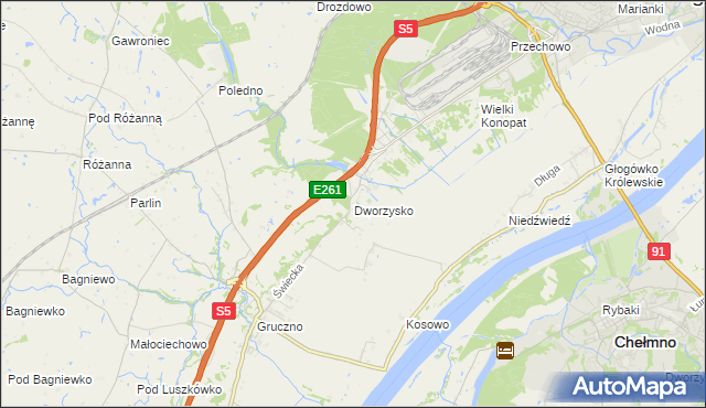 mapa Dworzysko gmina Świecie, Dworzysko gmina Świecie na mapie Targeo