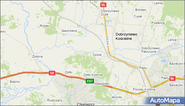 mapa Dzikie gmina Choroszcz, Dzikie gmina Choroszcz na mapie Targeo