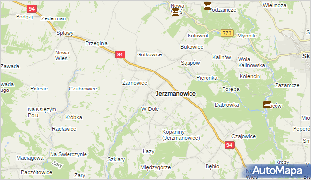 mapa Jerzmanowice gmina Jerzmanowice-Przeginia, Jerzmanowice gmina Jerzmanowice-Przeginia na mapie Targeo