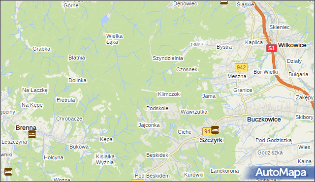 mapa Klimczok, Klimczok na mapie Targeo