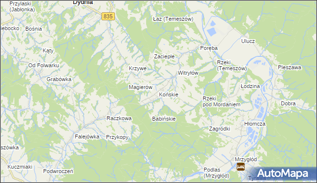 mapa Końskie gmina Dydnia, Końskie gmina Dydnia na mapie Targeo