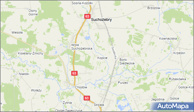 mapa Kopcie gmina Suchożebry, Kopcie gmina Suchożebry na mapie Targeo
