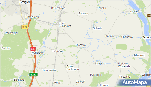 mapa Olszewo gmina Śmigiel, Olszewo gmina Śmigiel na mapie Targeo