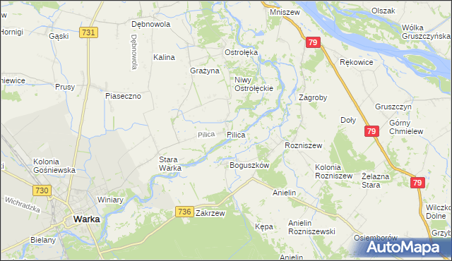 mapa Pilica gmina Warka, Pilica gmina Warka na mapie Targeo