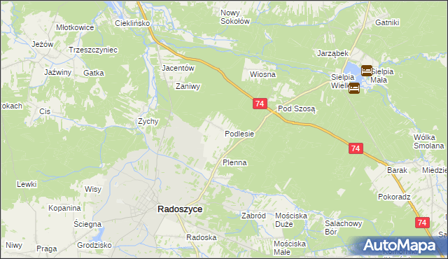 mapa Podlesie gmina Radoszyce, Podlesie gmina Radoszyce na mapie Targeo
