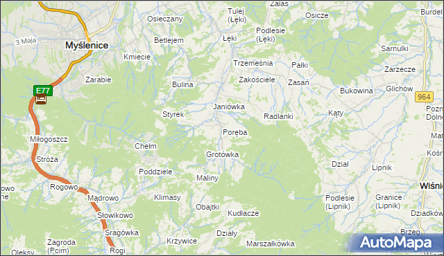 mapa Poręba gmina Myślenice, Poręba gmina Myślenice na mapie Targeo