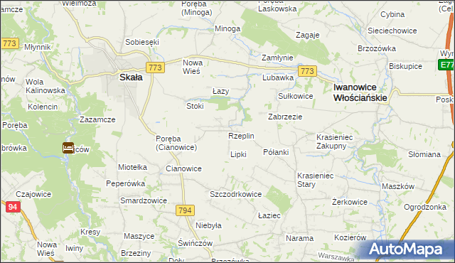 mapa Rzeplin gmina Skała, Rzeplin gmina Skała na mapie Targeo