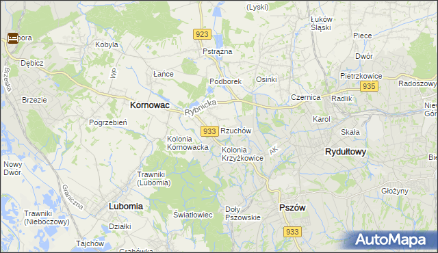 mapa Rzuchów gmina Kornowac, Rzuchów gmina Kornowac na mapie Targeo