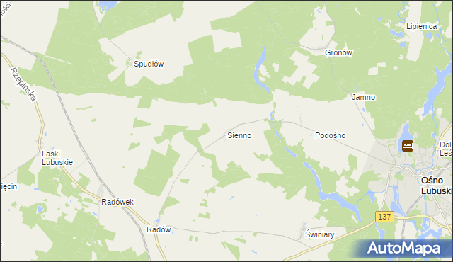 mapa Sienno gmina Ośno Lubuskie, Sienno gmina Ośno Lubuskie na mapie Targeo