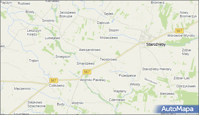 mapa Teodorowo gmina Staroźreby, Teodorowo gmina Staroźreby na mapie Targeo