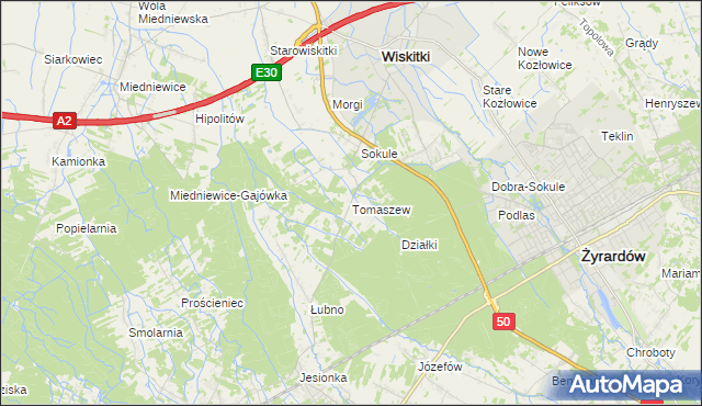 mapa Tomaszew gmina Wiskitki, Tomaszew gmina Wiskitki na mapie Targeo
