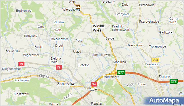 mapa Tomaszowice gmina Wielka Wieś, Tomaszowice gmina Wielka Wieś na mapie Targeo