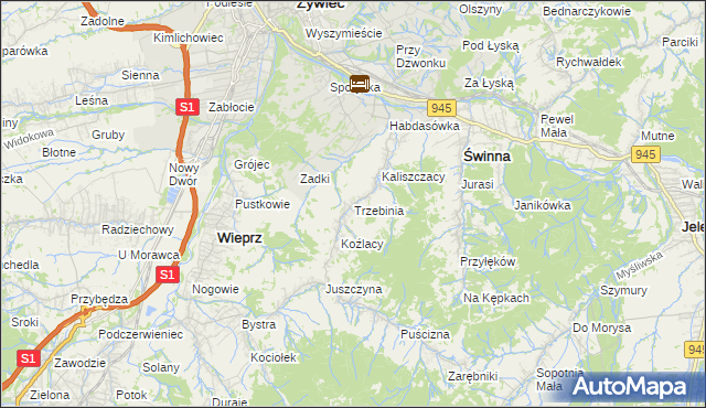 mapa Trzebinia gmina Świnna, Trzebinia gmina Świnna na mapie Targeo