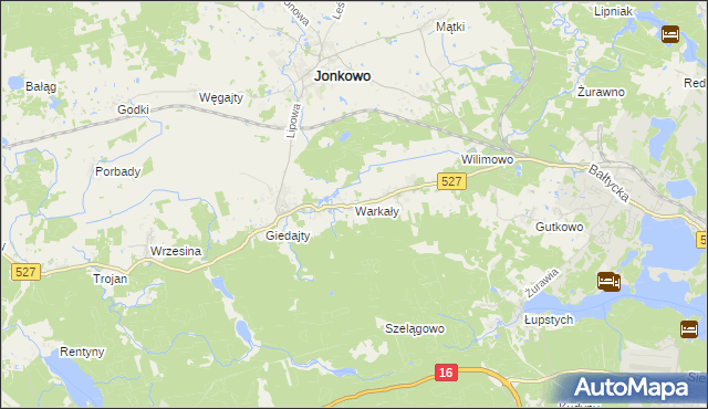 mapa Warkały gmina Jonkowo, Warkały gmina Jonkowo na mapie Targeo