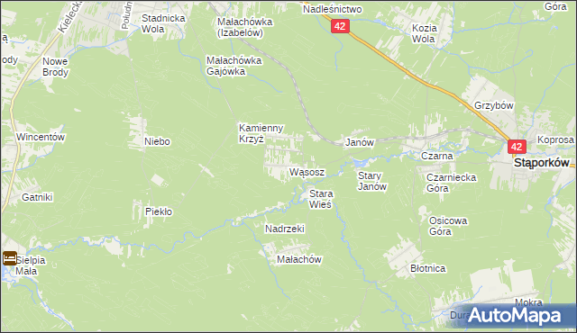 mapa Wąsosz gmina Końskie, Wąsosz gmina Końskie na mapie Targeo