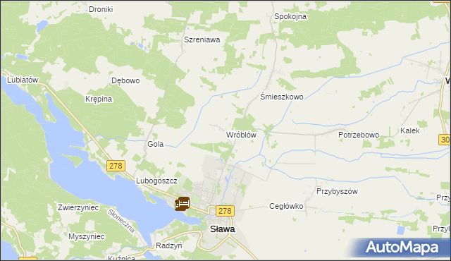 mapa Wróblów gmina Sława, Wróblów gmina Sława na mapie Targeo
