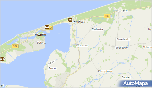 mapa Wrzosowo gmina Kamień Pomorski, Wrzosowo gmina Kamień Pomorski na mapie Targeo