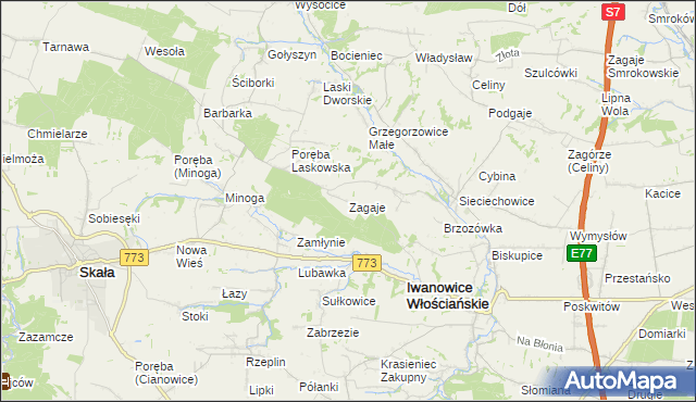 mapa Zagaje gmina Iwanowice, Zagaje gmina Iwanowice na mapie Targeo