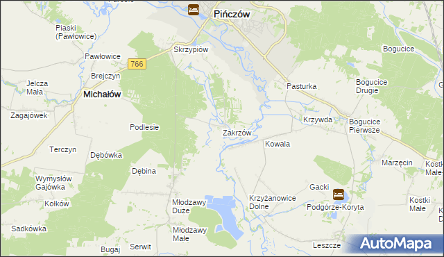 mapa Zakrzów gmina Pińczów, Zakrzów gmina Pińczów na mapie Targeo