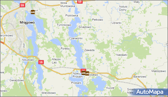 mapa Zawada gmina Mrągowo, Zawada gmina Mrągowo na mapie Targeo