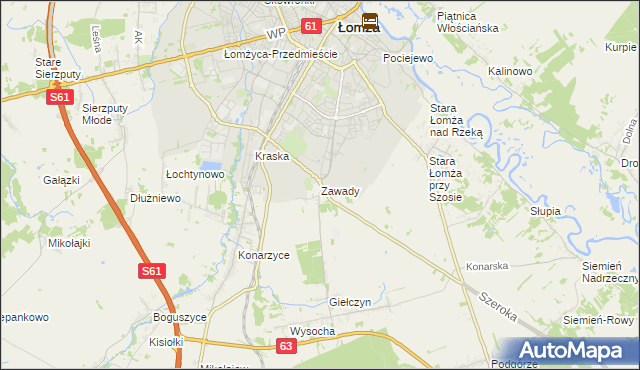 mapa Zawady gmina Łomża, Zawady gmina Łomża na mapie Targeo