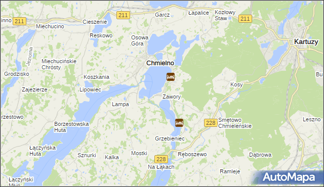 mapa Zawory gmina Chmielno, Zawory gmina Chmielno na mapie Targeo