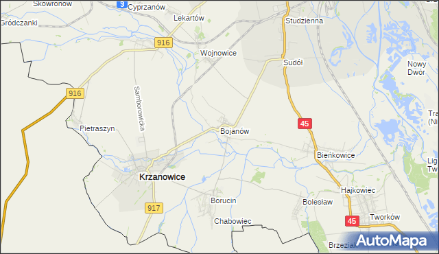 mapa Bojanów gmina Krzanowice, Bojanów gmina Krzanowice na mapie Targeo