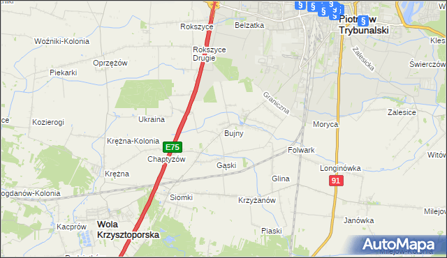 mapa Bujny gmina Wola Krzysztoporska, Bujny gmina Wola Krzysztoporska na mapie Targeo