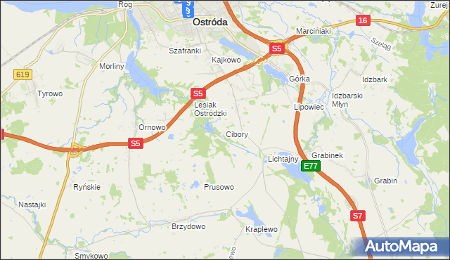 mapa Cibory gmina Ostróda, Cibory gmina Ostróda na mapie Targeo