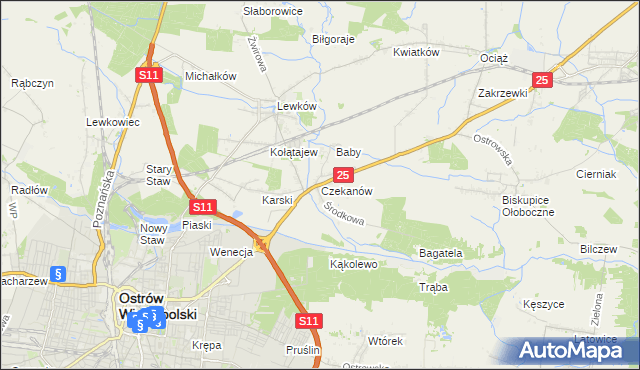 mapa Czekanów gmina Ostrów Wielkopolski, Czekanów gmina Ostrów Wielkopolski na mapie Targeo