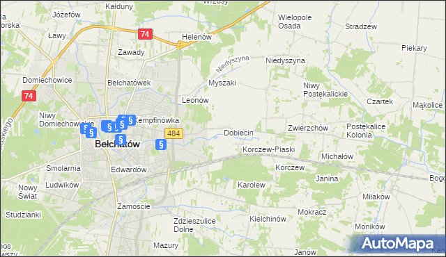mapa Dobiecin gmina Bełchatów, Dobiecin gmina Bełchatów na mapie Targeo