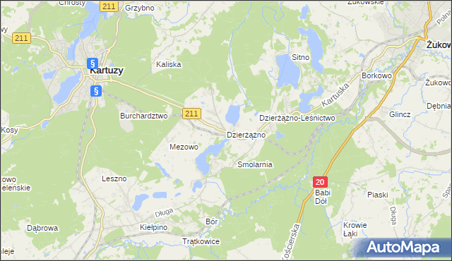 mapa Dzierżążno gmina Kartuzy, Dzierżążno gmina Kartuzy na mapie Targeo