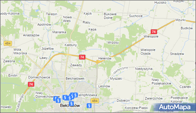 mapa Helenów gmina Bełchatów, Helenów gmina Bełchatów na mapie Targeo