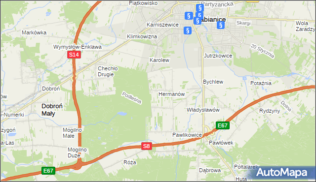 mapa Hermanów gmina Pabianice, Hermanów gmina Pabianice na mapie Targeo