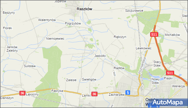 mapa Jaskółki gmina Raszków, Jaskółki gmina Raszków na mapie Targeo