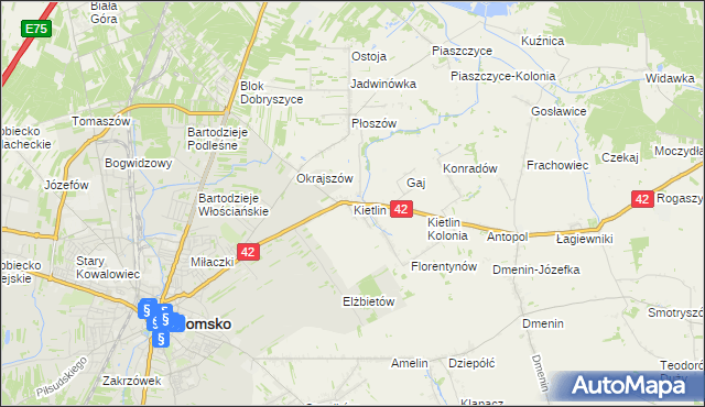 mapa Kietlin gmina Radomsko, Kietlin gmina Radomsko na mapie Targeo