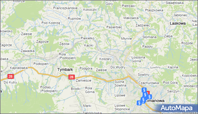 mapa Koszary gmina Limanowa, Koszary gmina Limanowa na mapie Targeo