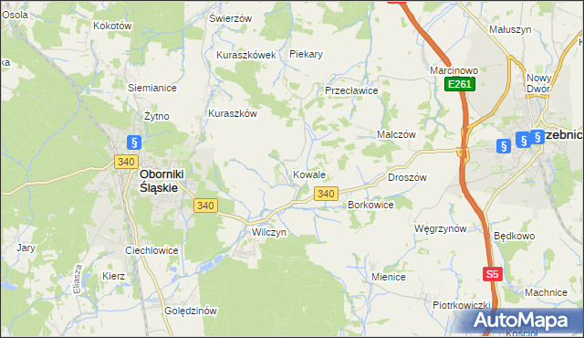 mapa Kowale gmina Oborniki Śląskie, Kowale gmina Oborniki Śląskie na mapie Targeo