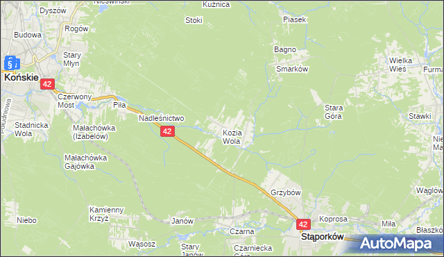 mapa Kozia Wola gmina Stąporków, Kozia Wola gmina Stąporków na mapie Targeo