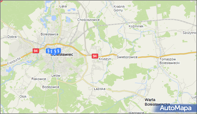 mapa Kruszyn gmina Bolesławiec, Kruszyn gmina Bolesławiec na mapie Targeo