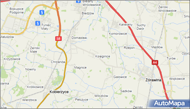 mapa Księginice gmina Kobierzyce, Księginice gmina Kobierzyce na mapie Targeo