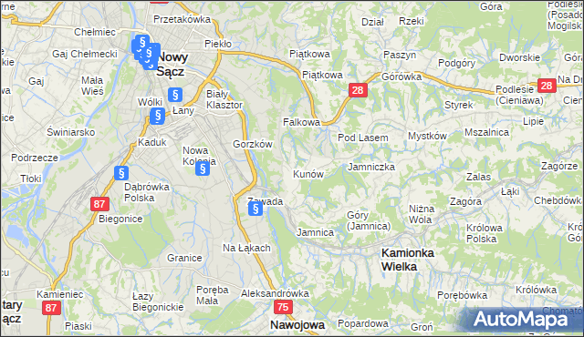 mapa Kunów gmina Chełmiec, Kunów gmina Chełmiec na mapie Targeo