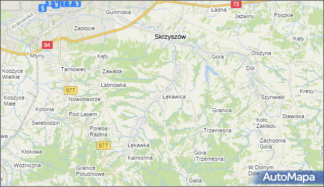 mapa Łękawica gmina Skrzyszów, Łękawica gmina Skrzyszów na mapie Targeo