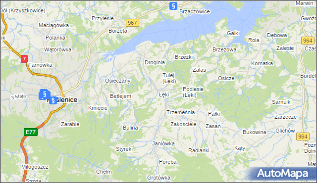 mapa Łęki gmina Myślenice, Łęki gmina Myślenice na mapie Targeo