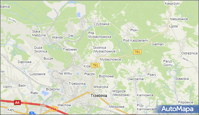 mapa Myślachowice, Myślachowice na mapie Targeo