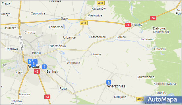 mapa Olewin gmina Wieluń, Olewin gmina Wieluń na mapie Targeo