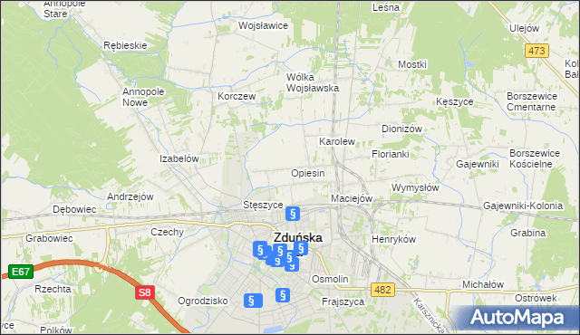 mapa Opiesin gmina Zduńska Wola, Opiesin gmina Zduńska Wola na mapie Targeo