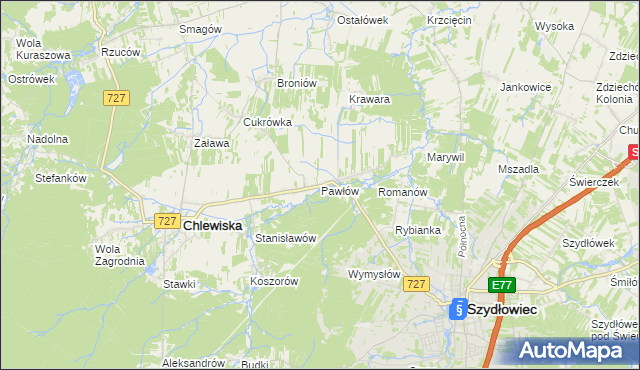 mapa Pawłów gmina Chlewiska, Pawłów gmina Chlewiska na mapie Targeo